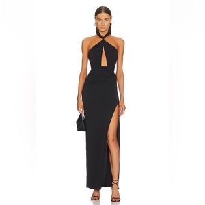 Michael Costello Morgan Black Halter Cutout Gown with High Slit
